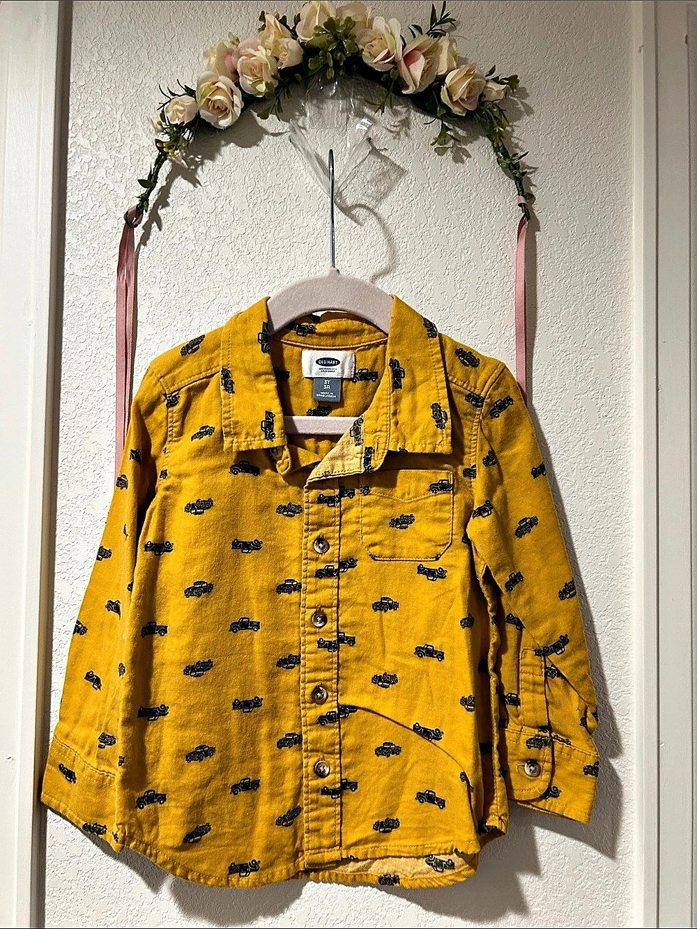 Old Navy Yellow & Black Truck Printed Button Down